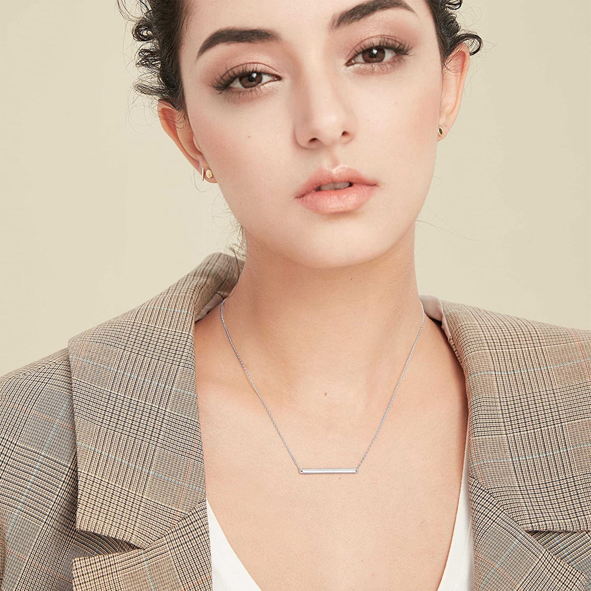 S.Leaf Bar Necklace for Women Bar Necklace Sterling Silver Dainty Necklace (Silver)