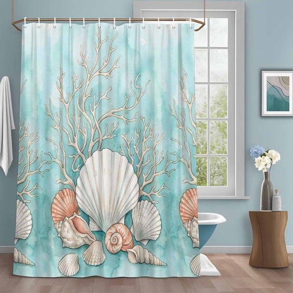 Marine Life Shower Curtain with Hooks, Watercolor Coastal Seashell Coral Blue Green Water Repellent Shower Curtains for Bathroom Decor Sturdy Shower Curtain, Machine Washable 72x78 Inch