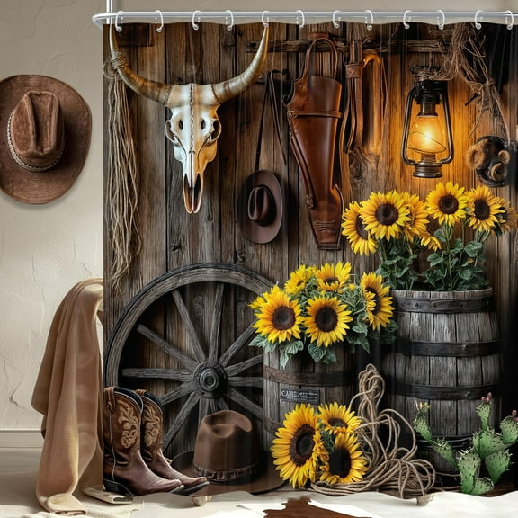 Farmhouse Western Shower Curtain, Rustic Country Cowboy Barn Door Bath Curtain Set, Brown Southwest Cowboys Boots Hat Bull Sunflowers Bathroom Decor Accessories with Hooks 69X70IN