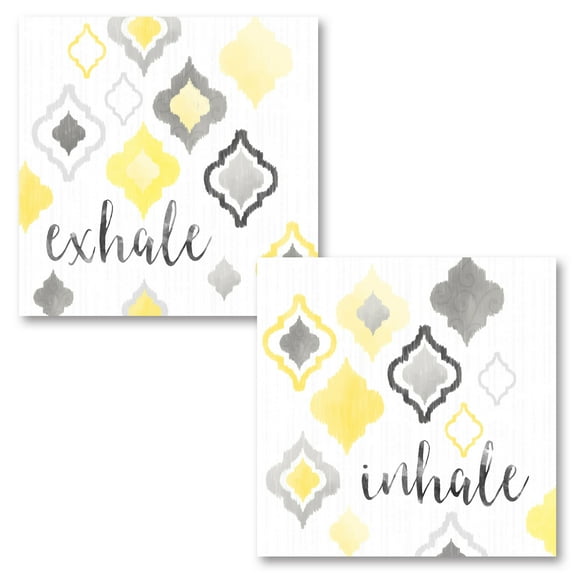 Lovely White and Grey Medallion Patterned "Inhale" and "Exhale" Adult Decor; 2- 12" x 12" Un-Framed Posters