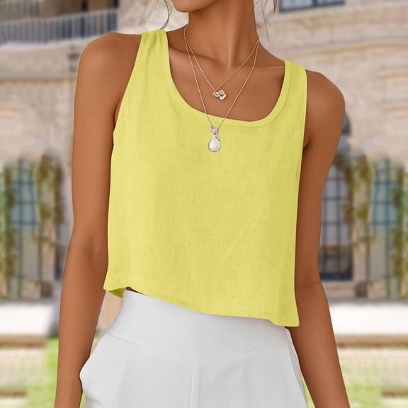 Womens Cotton Linen Crop Tank Tops Summer Beach Sleeveless Tops Dressy Scoop Neck Solid Color Camisole Tops
