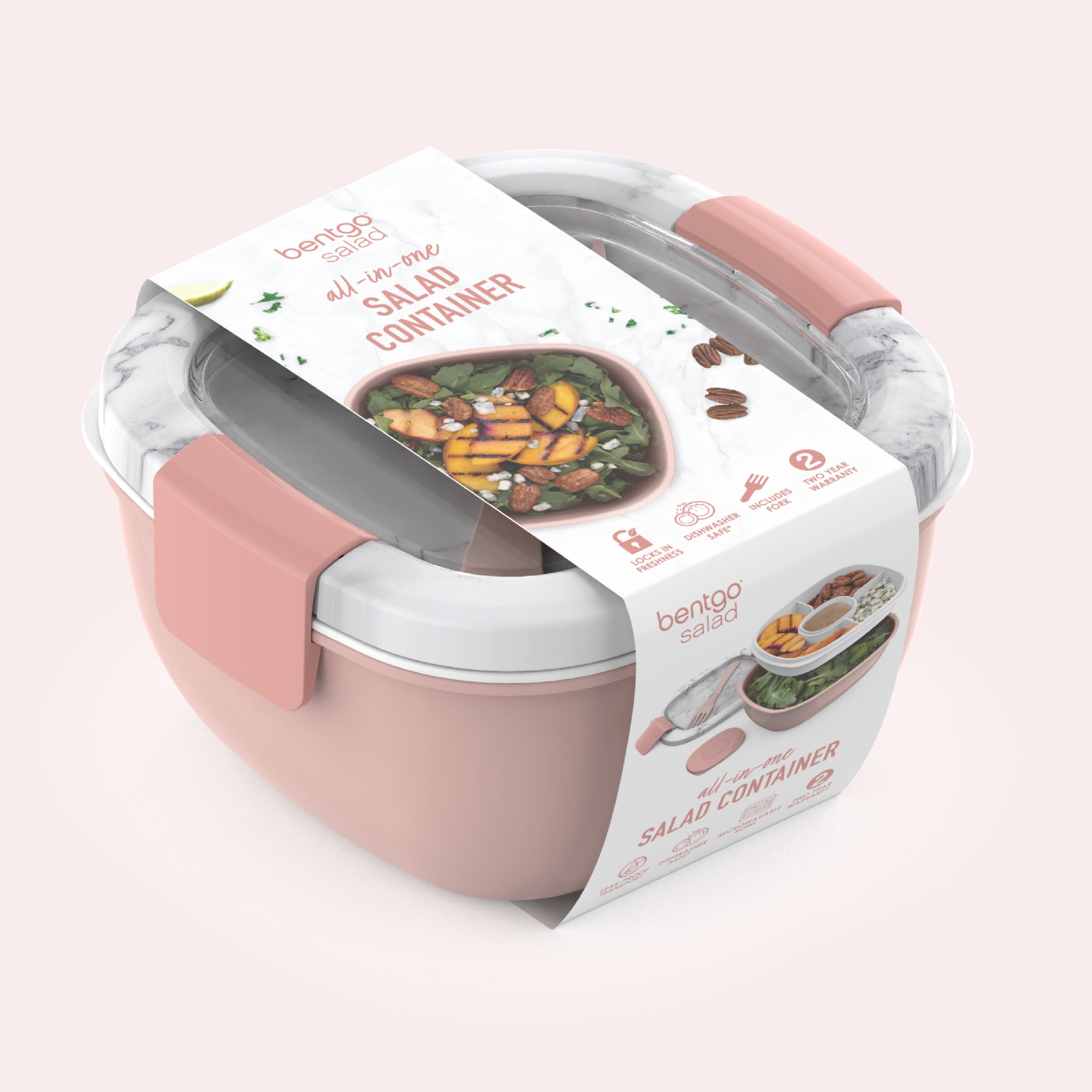 Bentgo Salad Container - 6.75 cup Bowl with 4-Compartment Toppings Tray, Dressing Container, Reusable Fork, BPA-Free Lunch Box for Meal Prep & Food Storage; Removable Bento Tray (Blush Marble)