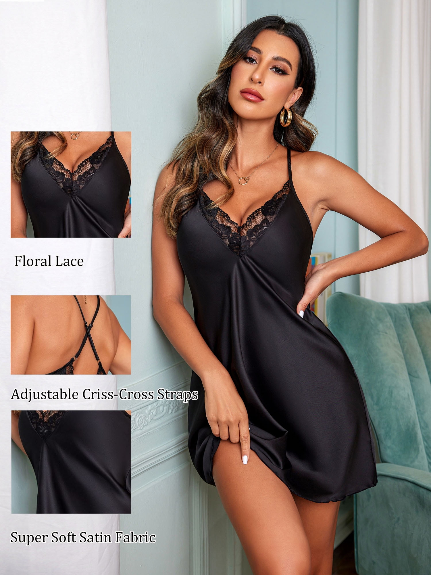Avidlove Womens Nightgown Silk Lingerie Satin Lace Chemise