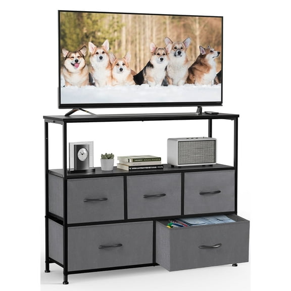 CONCETTA Dresser TV Stand for 45" TV with 5 Fabric Drawers, Sturdy Dresser for Bedroom with Wood Open Shelves, Dressers & Chest of Drawers for Living Room, Entryway, Closet, Grey