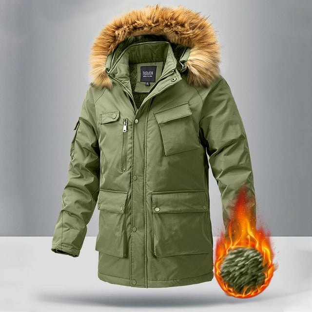 Xuniizn Puffer Jacket Men, Plus Size Multi Pockets Fleece Collar Solid Color Full Zip Waterproof Winbreaker Parka Jackets, Soft Thick Insulated Winter Outdoor Athletic Down Coats
