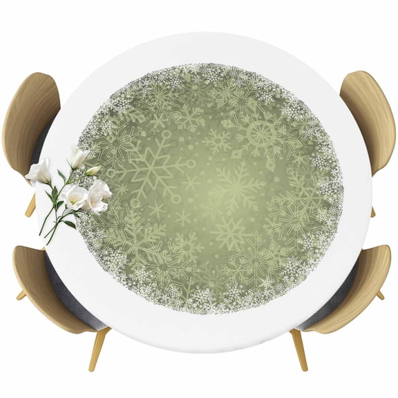Sage Green Christmas Snowflake Round Tablecloth, Fitted Table Cover with Elastic for 45"-54" Round Tables, Xmas Winter Modern Table Cloth Outdoor Indoor Dinning Party Waterproof Tablecloths