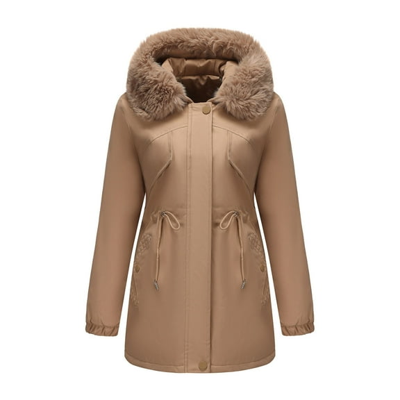 PiGOGI Women's Winter Jacket Hooded Zipper Casual Winter Coat Fall Outerwear Khaki XL