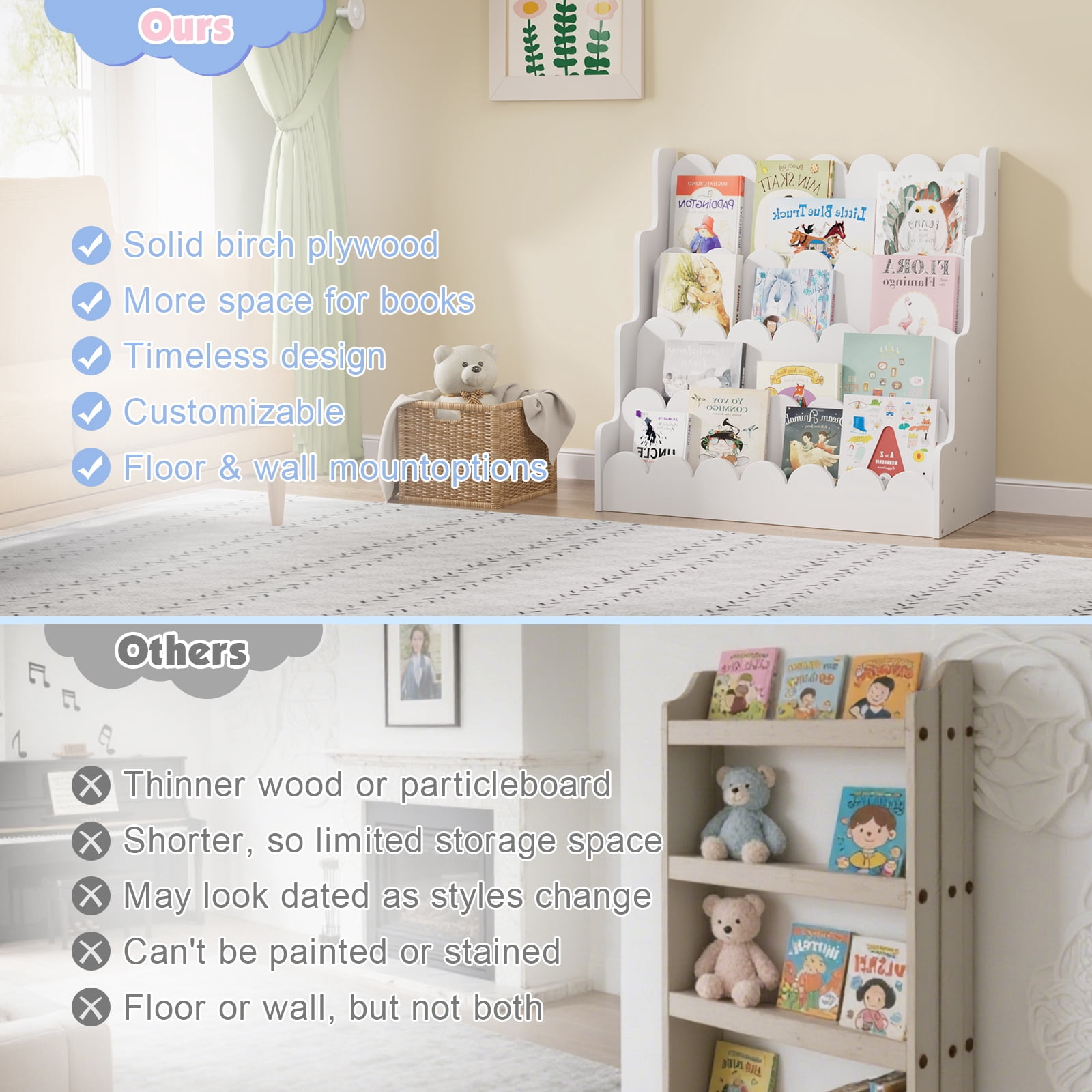 Hironpal 4-Tier Kids Bookshelf, Montessori Wood Bookcase for KidsRoom,Bedroom,Playroom,Gift for Boys&Girls,White