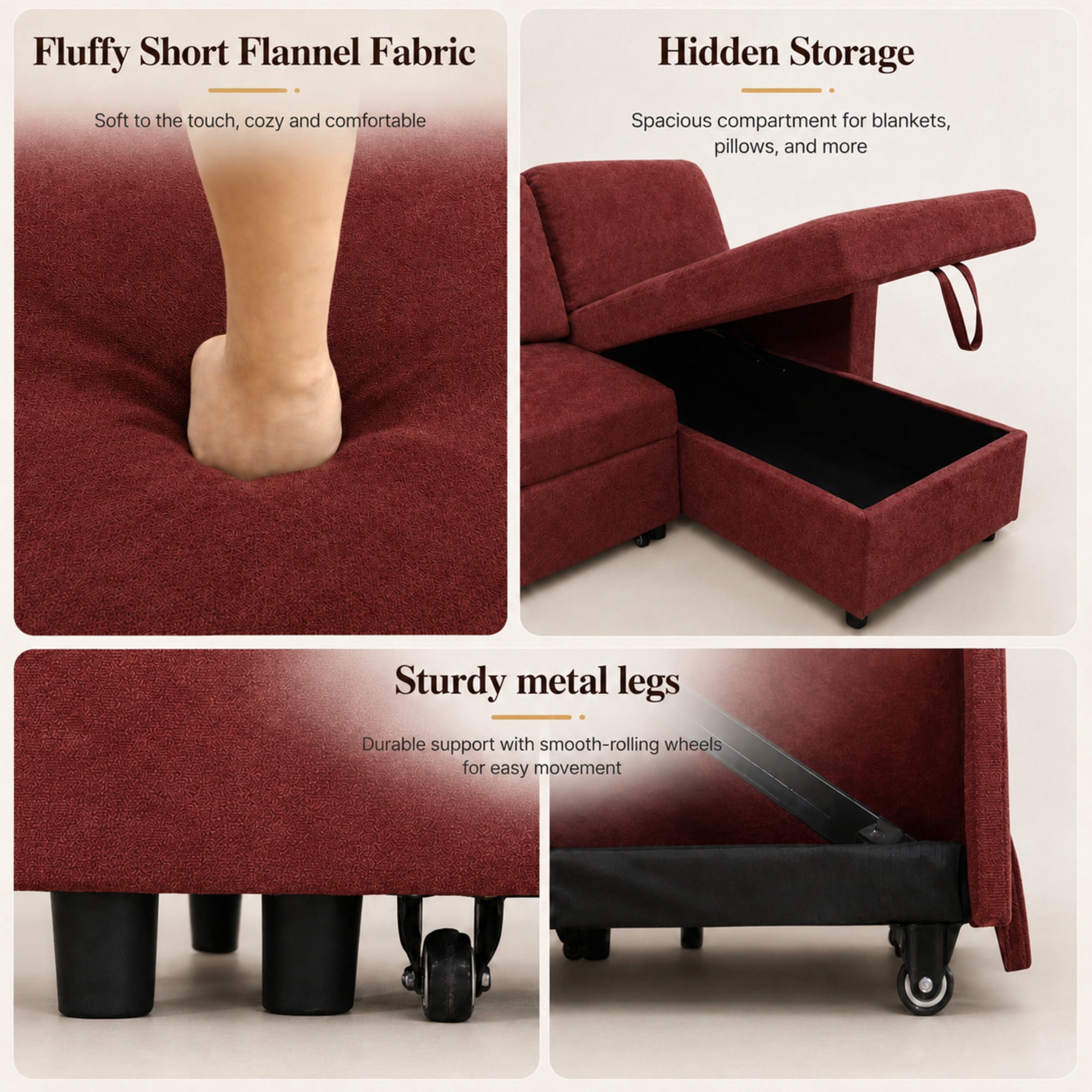TiramisuBest L-Shaped Convertible Sofa Bed with Reversible & Storage Chaise,84"W Fluffy Flannel Sectional Sleeper for Living Room,Red
