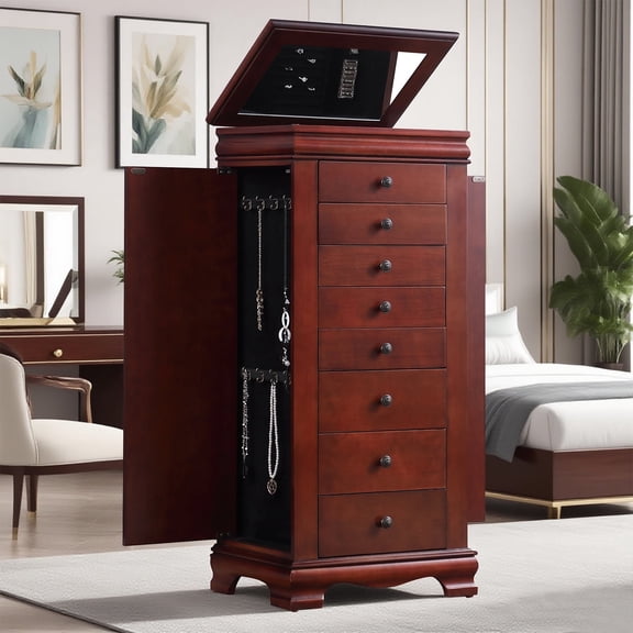 Jewelry Armoire Cabinet with Mirror, Jewelry armoire for 8 drawers and side swing doors,jewelry cabinet Solution for Necklaces, Rings, and Earrings
