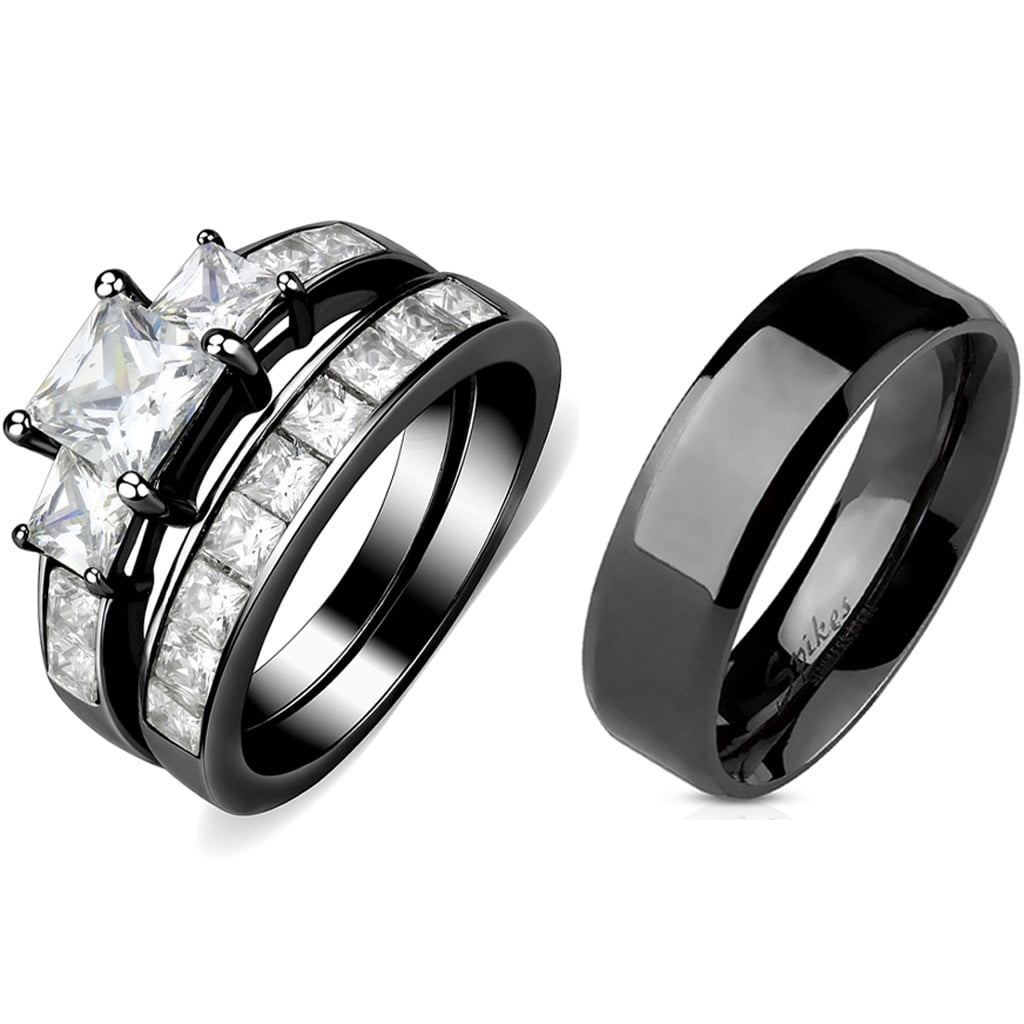 Couple Rings Set Womens Small Round Cut CZ Wedding Ring Mens Engagement Band 