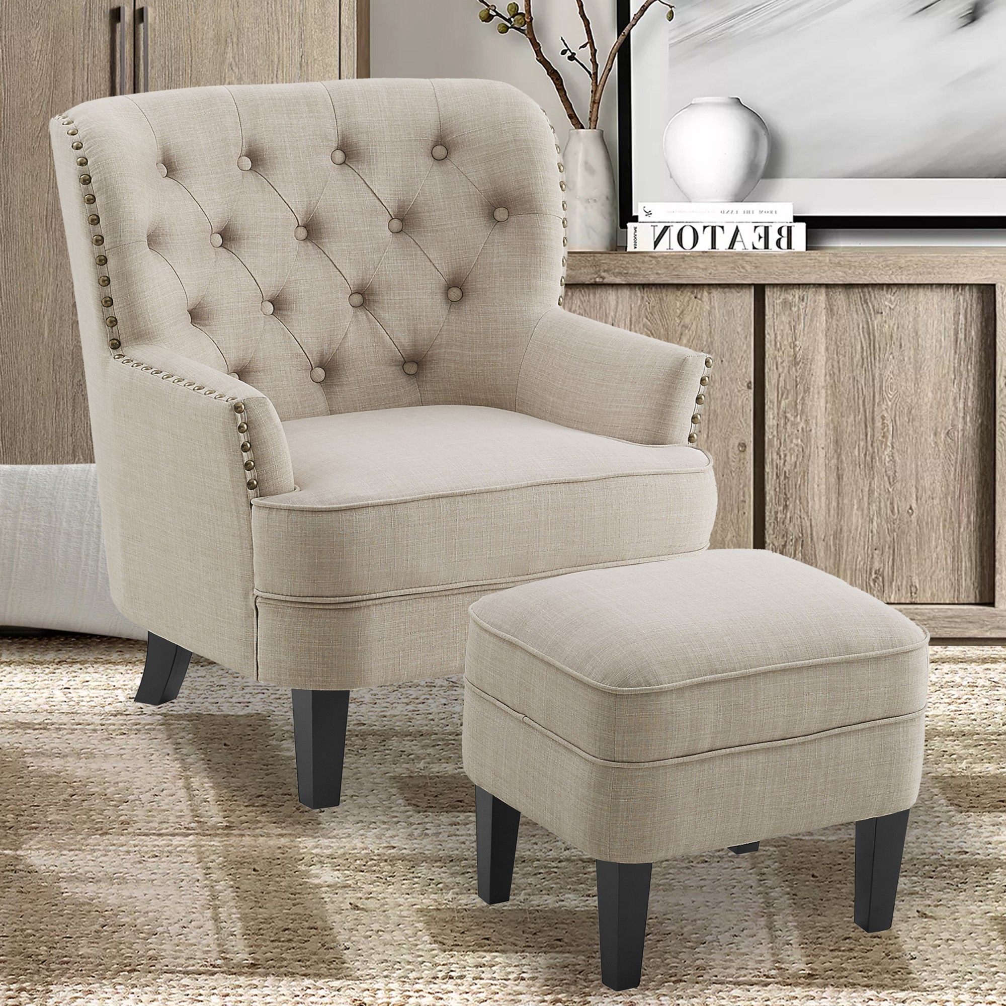 Gewnee Beige 30-Inch Armchair with 20-Inch Ottoman Style - Solid Rubberwood Legs, Breathable Linen Fabric, Suitable for Living Room & Balcony