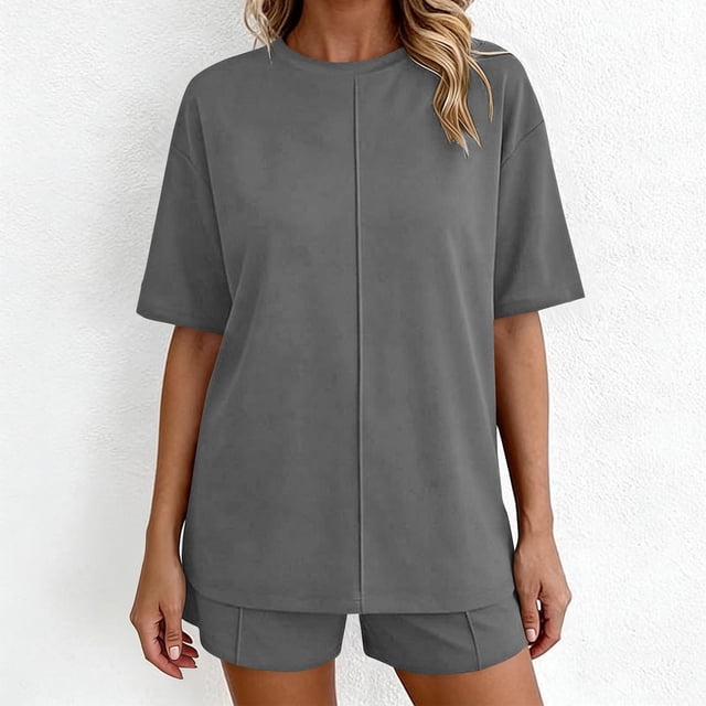 TaTaai Women's Summer Lounge Set Short Sleeve Round Neck T-Shirt and Elastic Waist Shorts Solid Color Matching Two Piece with Pockets for Comfortable Daily Wear Gift