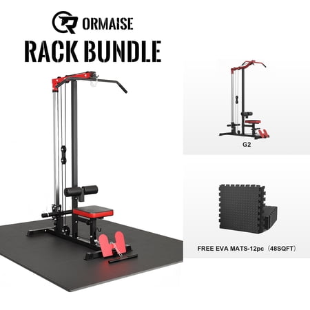 LAT Tower, LAT Pull Down and LAT Row Cable Machine with Flip-Up Footplate, High and Low Pulley Station with 12PC Rubber Mats
