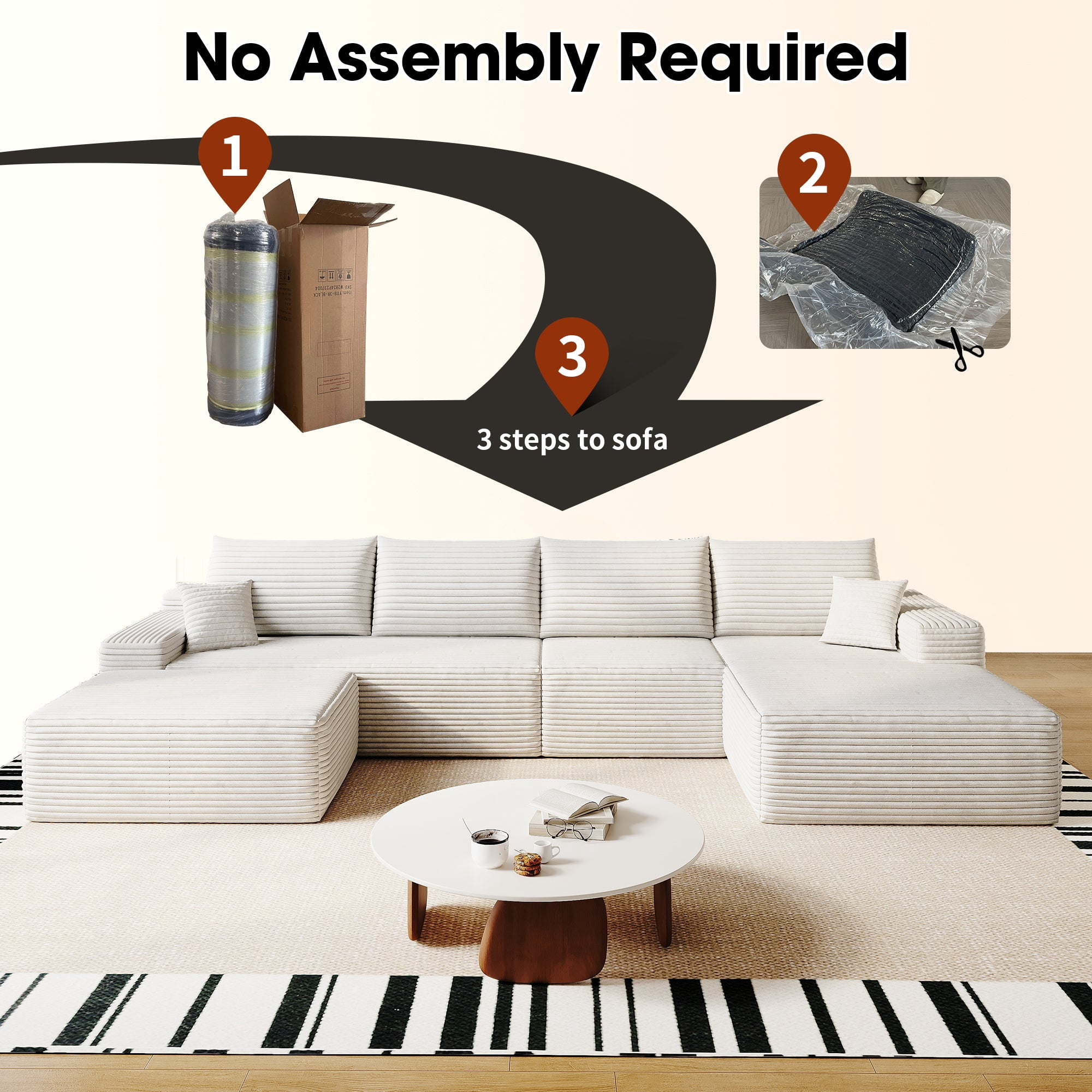 Sailvan 135" Cloud Sectional Couch, Cloudy Sofa with L-Shape Chaise & Ottoman, Upholstered Couches for Living Room & Bedroom, No Assembly Required, Plush Corduroy Fabric, Beige