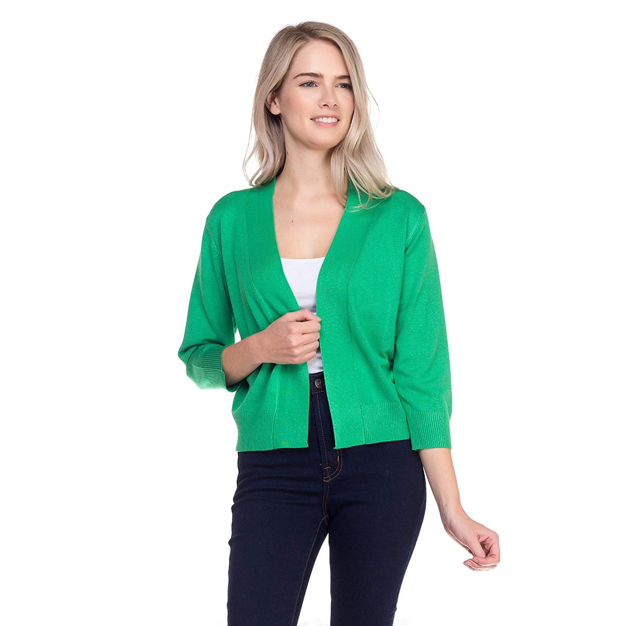 Women 3/4 Sleeve Solid Open Bolero Cropped Cardigan Shrug - Apple Green  -  Walmart.com