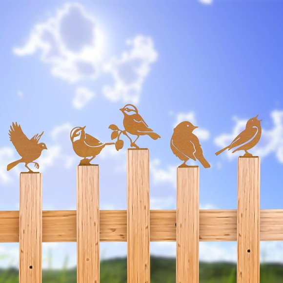 shiyou-5 Pcs Rusty Birds Decoration Metal Art for Fence Decorations Outdoor Lifelike Metal Birds Craft Statue Ornaments Fence Topper Decor Garden Yard Art Ornaments Bird Decor Silhouette (E Style)