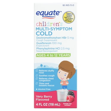 Equate Children's Multi-Symptom Cold Liquid, Very Berry Flavor, Ages 4 to 12 Years, 4 fl oz, Compare to Children's Mucinex® Multi-Symptom Cold Active Ingredients