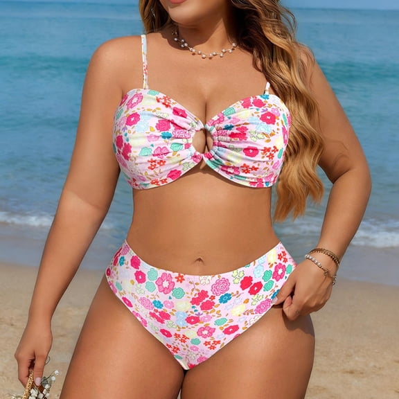 HOMBOM Bathing Suit for Women 2 Piece Swimwear Bandeau Plus Size Floral High Waisted Pool Pink Ladies Swimsuit Bikini