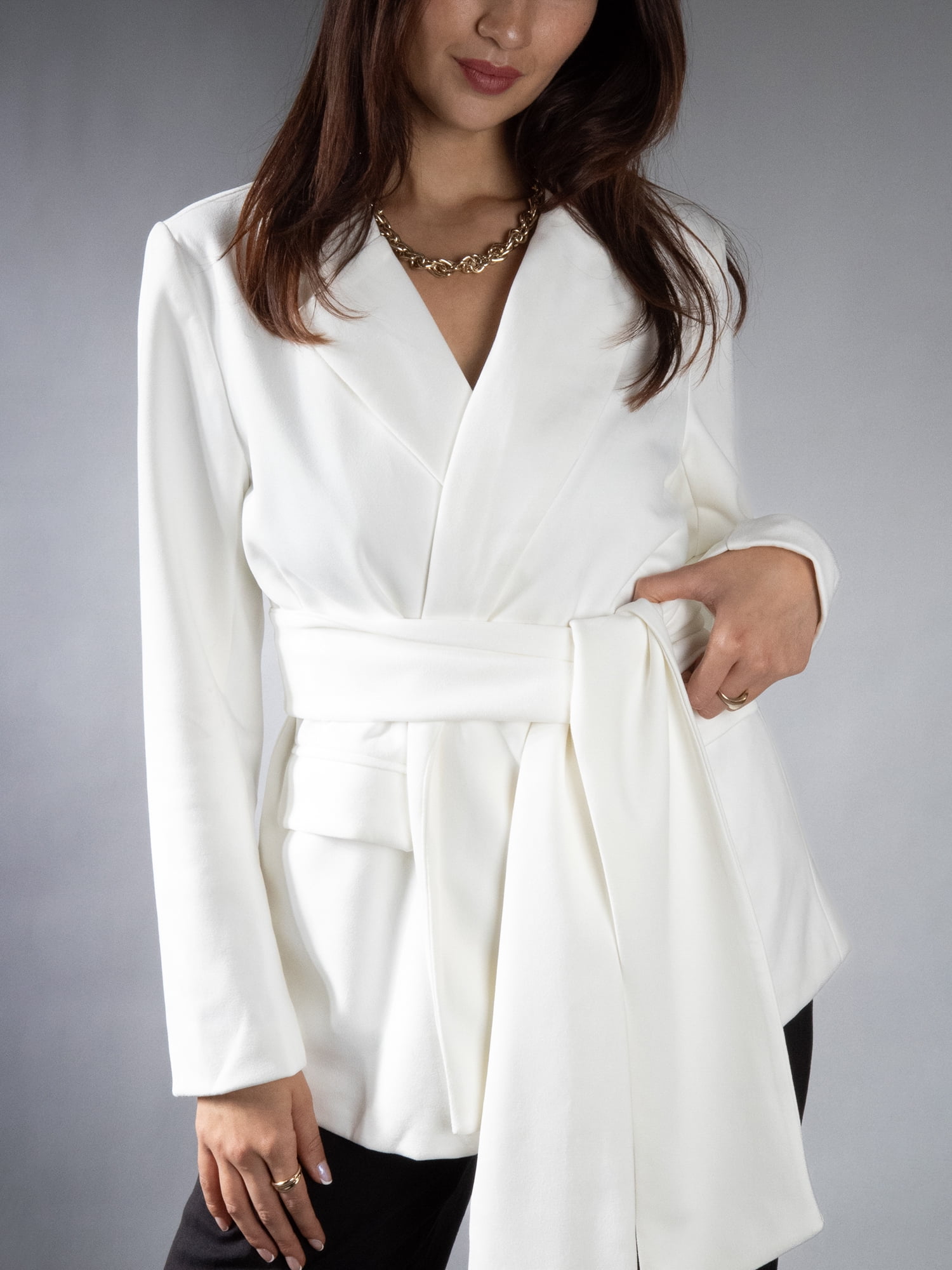 DARING DIVA Women's Elegant Faux Suede Wrap Belt Stylish Design Blazer XS White