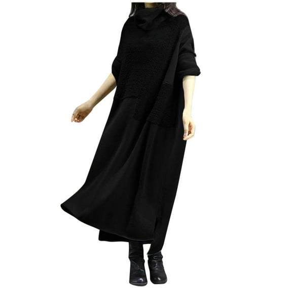 Winter Fall Dresses for Women Wedding Guest Long Sleeve Casual Solid Dress Round Neck Big Swing Splice Maxi Dress