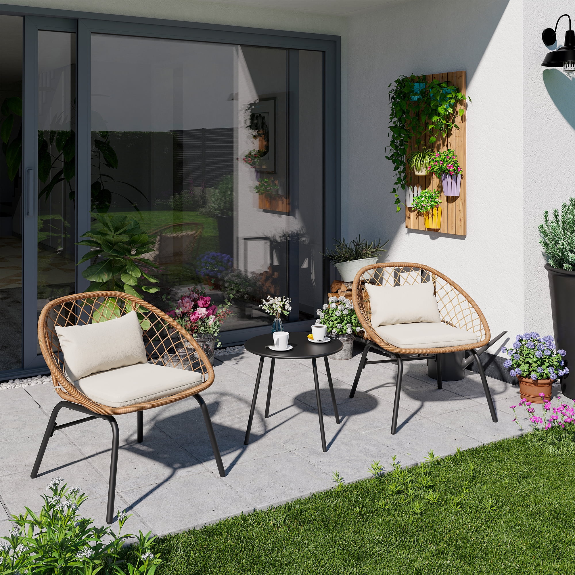 LAUSAINT HOME 3 Pieces Patio Bistro Set, Outdoor Conversation Furniture with 2 Chairs and 1 Coffee Table, Diamond Weave Design