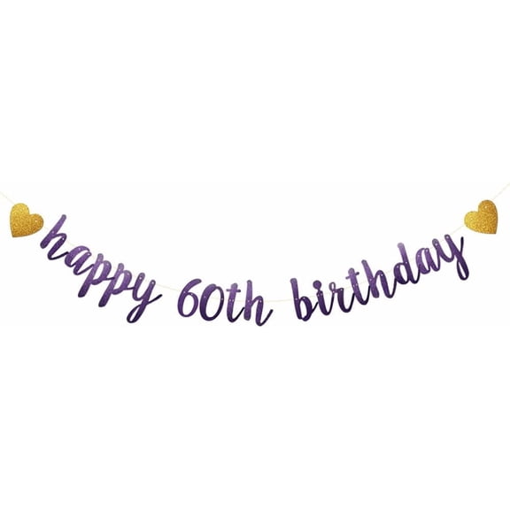 Happy 60th Birthday Banner, Pre-Strung,Purple Glitter Paper Garlands Banner for 60th Birthday Party Decorations Supplies, Letters Purple