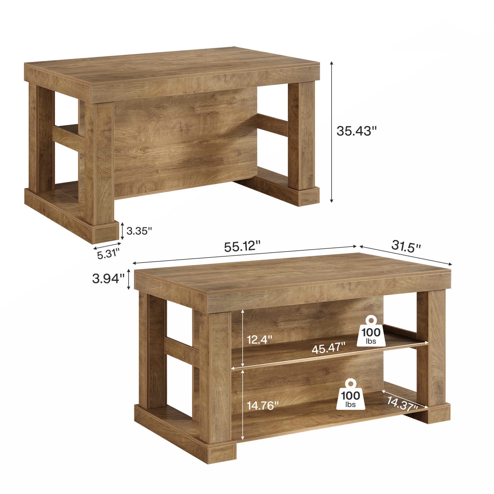 MAYEERTY 55" Home Bar Table with 3-Tier Storage Shelves, Light Brown MDF Indoor Pub Table, 350 lbs Capacity Waterproof Scratch-Resistant Bar Unit