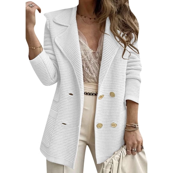 Women's Double Breasted Long Sleeve Lapel Ribbed Cardigan Autumn Coat Coat with Pockets