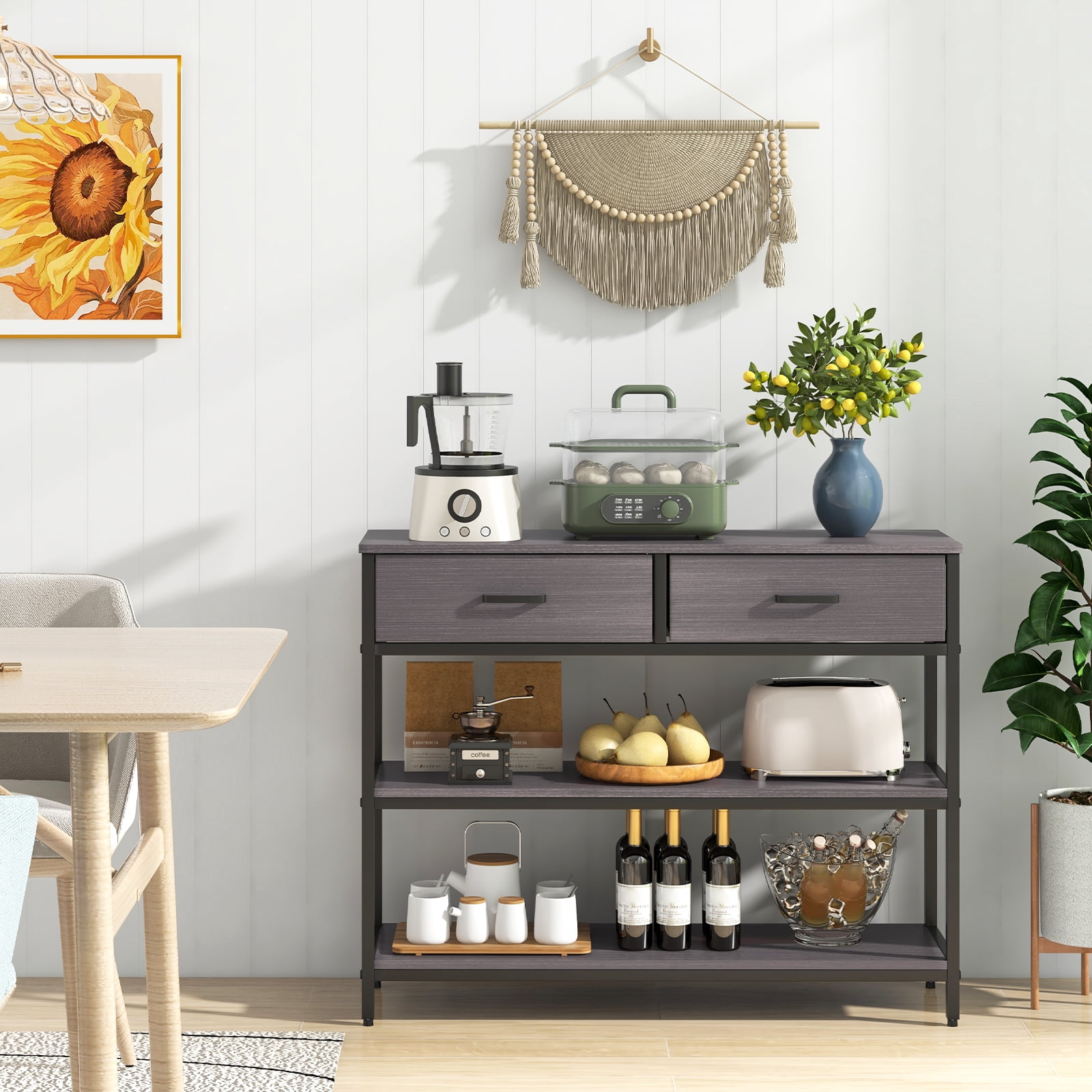 Giantex 3-Tier Entryway Table, Sofa Side Table w/2 Large Drawers & Anti-toppling Device, Console Table w/Metal Frame