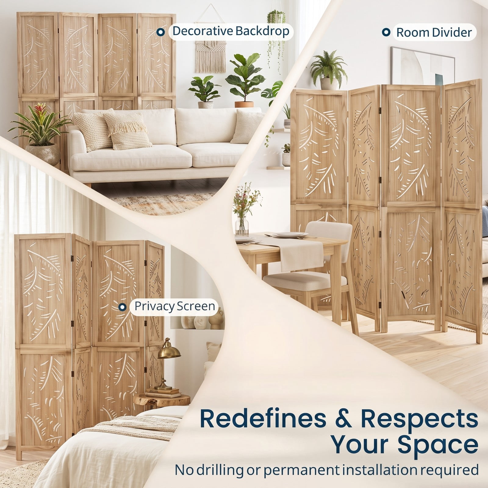 ALPULON 4-Panel Wooden Room Divider Freestanding Folding Privacy Screen with Palm Leaf Design & Paulownia Frame for Home Bedroom Office, Natural