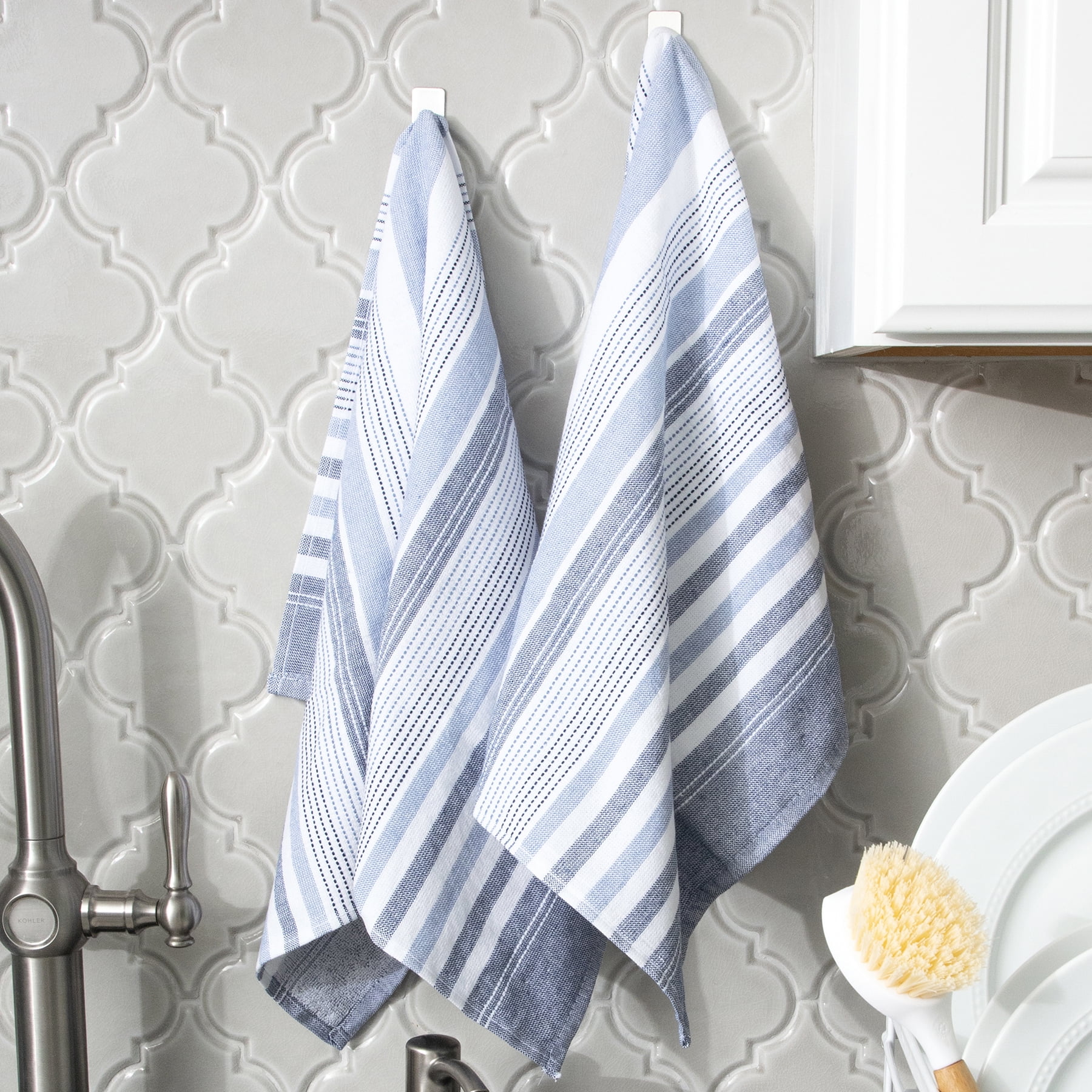 2-PK WEEKEND KITCHEN Turkish Cotton Kitchen Towels White Striped Geometric  Terry