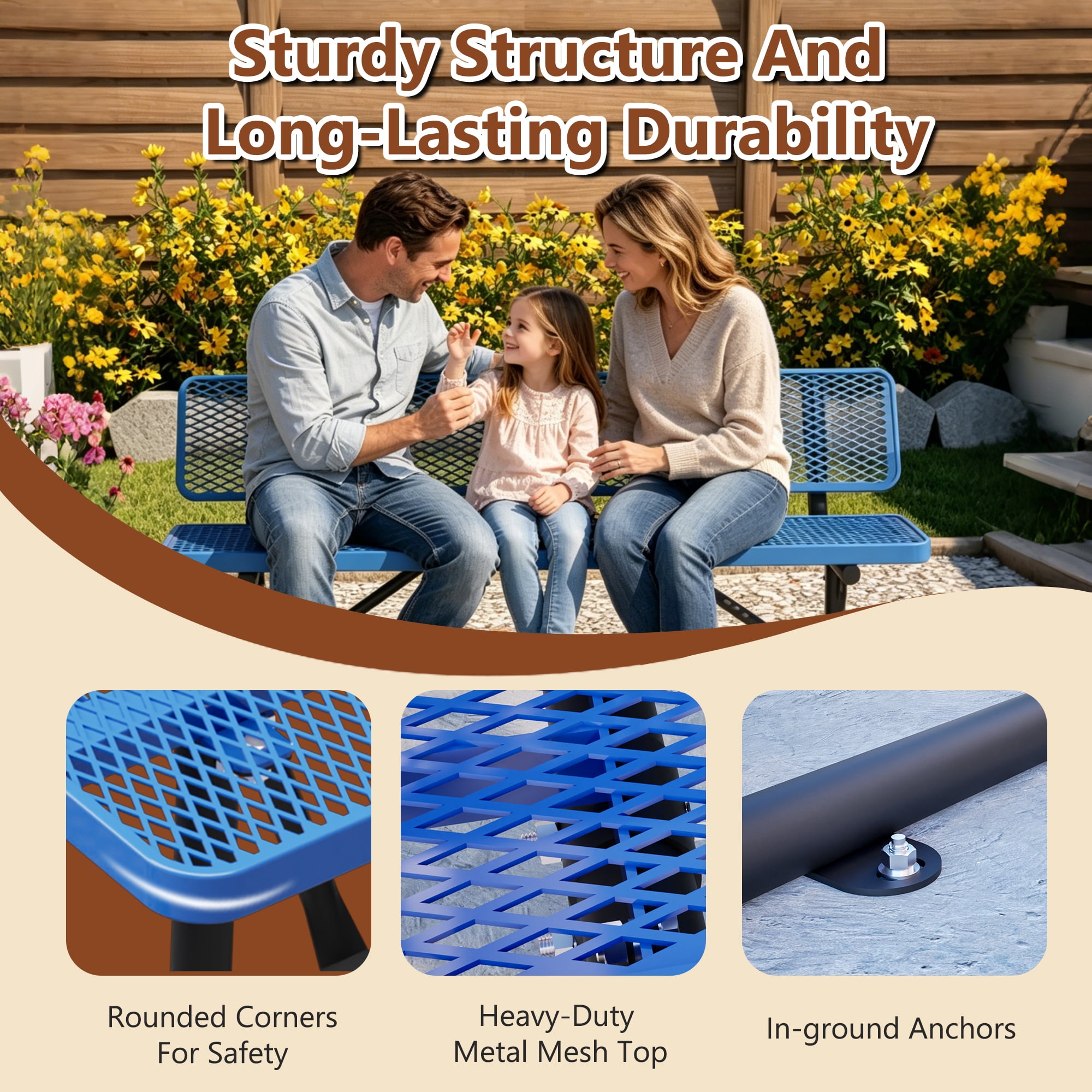 72" Outdoor Picnic Bench for 3-4 Person,All Weather Metal Outdoor Dining Chair for Garden,Patio,Park,School,Blue