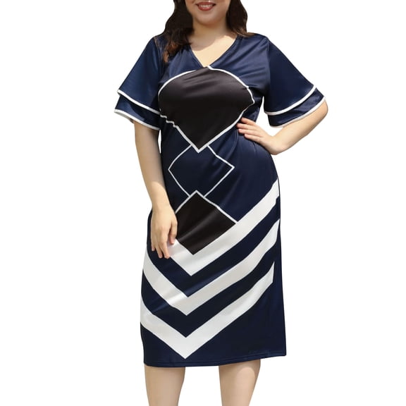 asdoklhq Plaid Dresses for Womens Oversized Printed Flying Sleeve Dress Dark Blue 5X