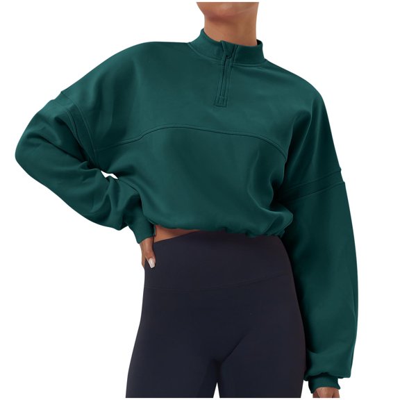 Yangnuo Womens Fashion Cropped Sweatshirts Women‘s Casual Oversize Solid Color Round-Neck Long Sleeve Hoodless Sweatshirts
