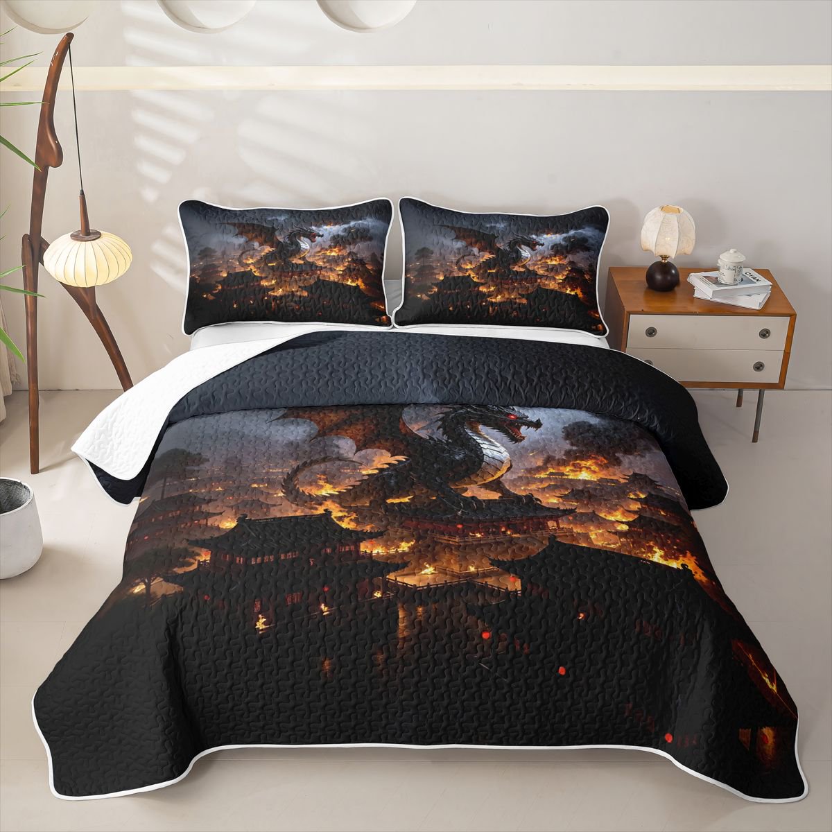 Manfei Gothic Dragon Animals Quilt King Retro Wildlife King Coverlet Set Blue Orange 3pcs 1 Bedspread and 2 Pillowcases