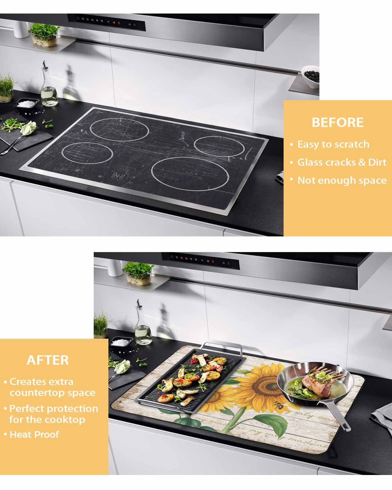 Large Induction Cooktop Protector Mat Sunflower Stove Top Covers for Electric Stove, Yellow Summer Flowers Bee Botanical Wooden Decorative Stove Burner Cover Mats, Glass Top Stove Cover