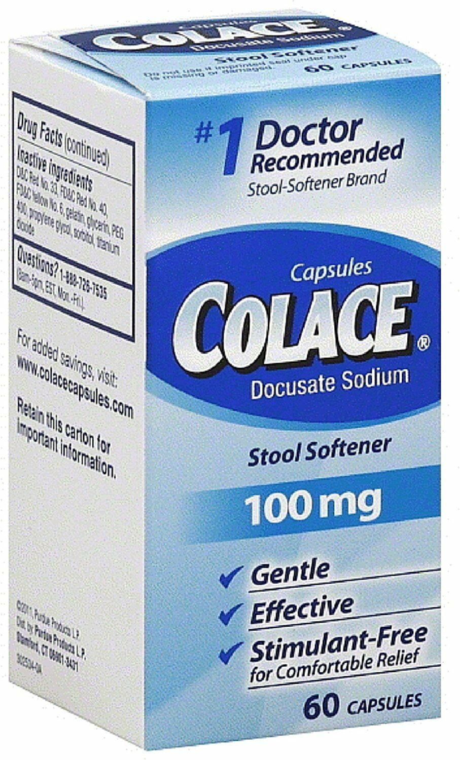 Colace Docusate Sodium Gentle Effective Stool Softener 100Mg, 60Ct, 5Pack