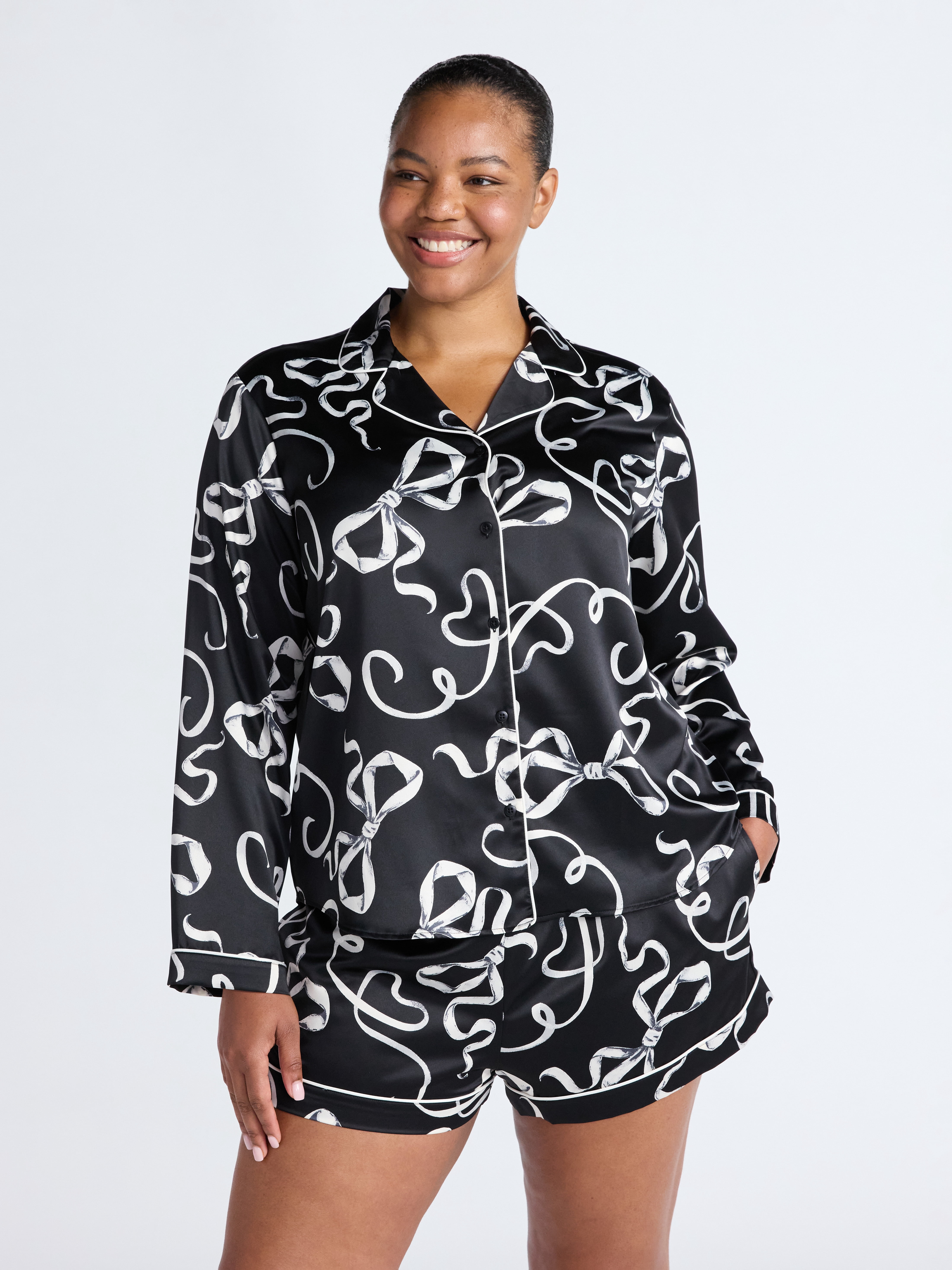 Joyspun Women’s Stretch Satin Notch Long Sleeve Top and Shorts Pajama Set, 2-Piece, Sizes XS-3X