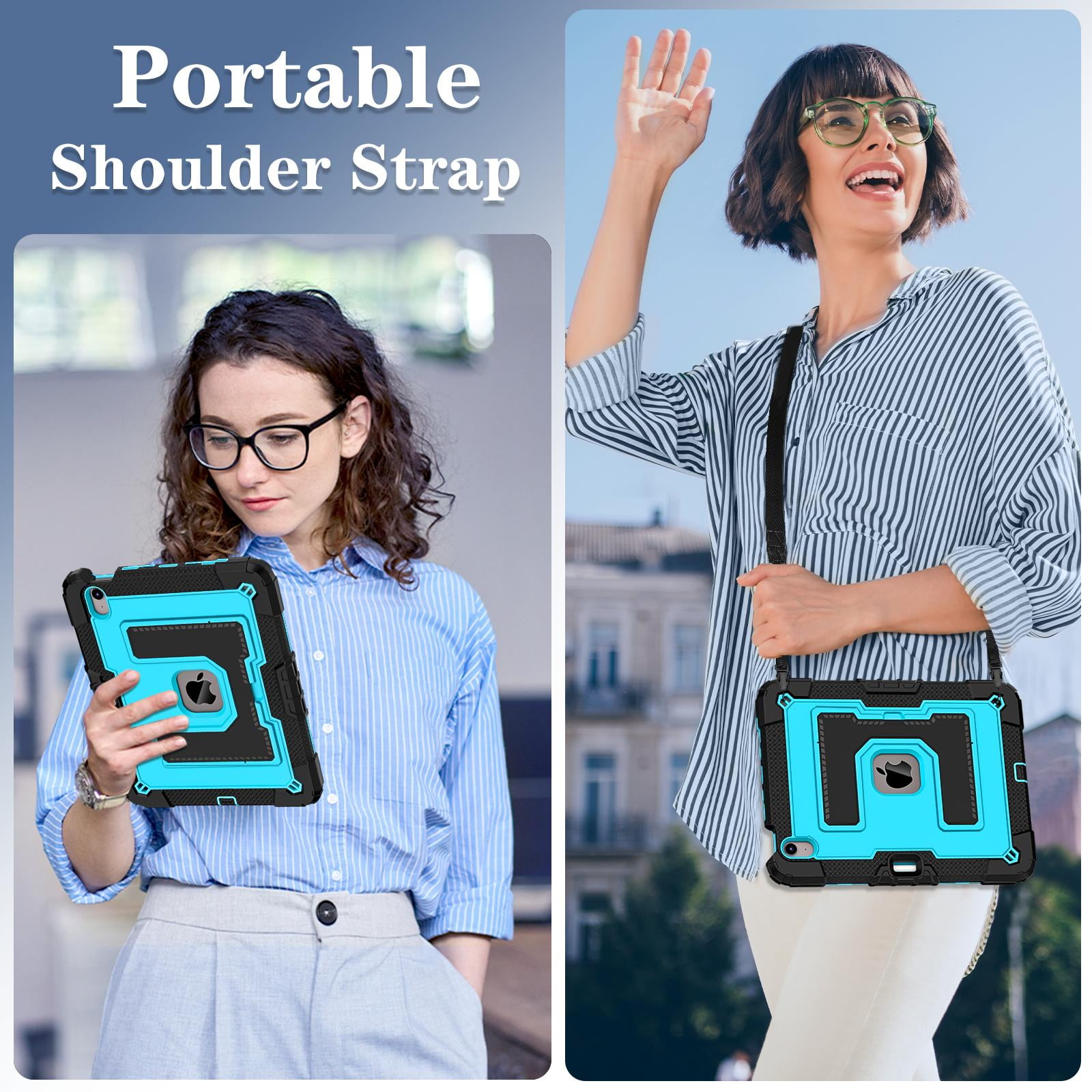 ELEHOLD 3-Layer Rugged Case For Apple iPad Air 11‑inch (M4) 2026, Heavy Duty Shockproof Logo Visible Foldable Kickstand Drop Protection Cover with Pencil Holder + Shoulder Strap, Black+Blue