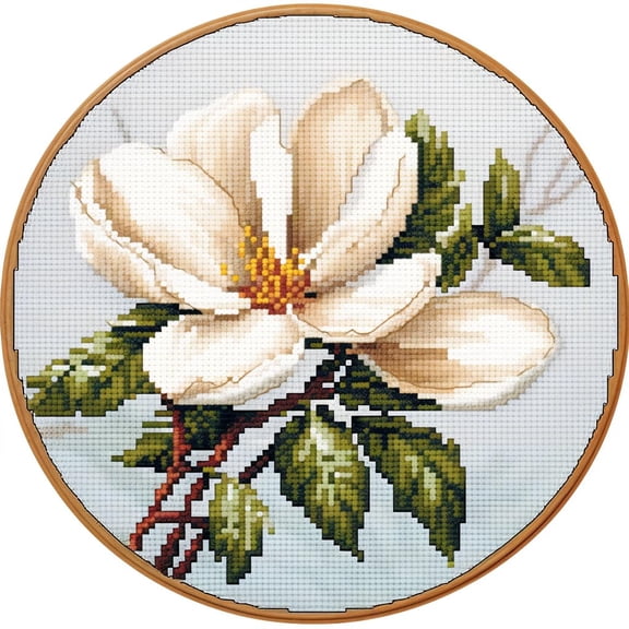 White Magnolia Flower Stamped Cross Stitch Kits for Beginners Easy with Hoop 11CT Needlepoint Embroidery DIY Counted Cross Stitch Kits Art Craft Wall Decor 35x35cm(1)
