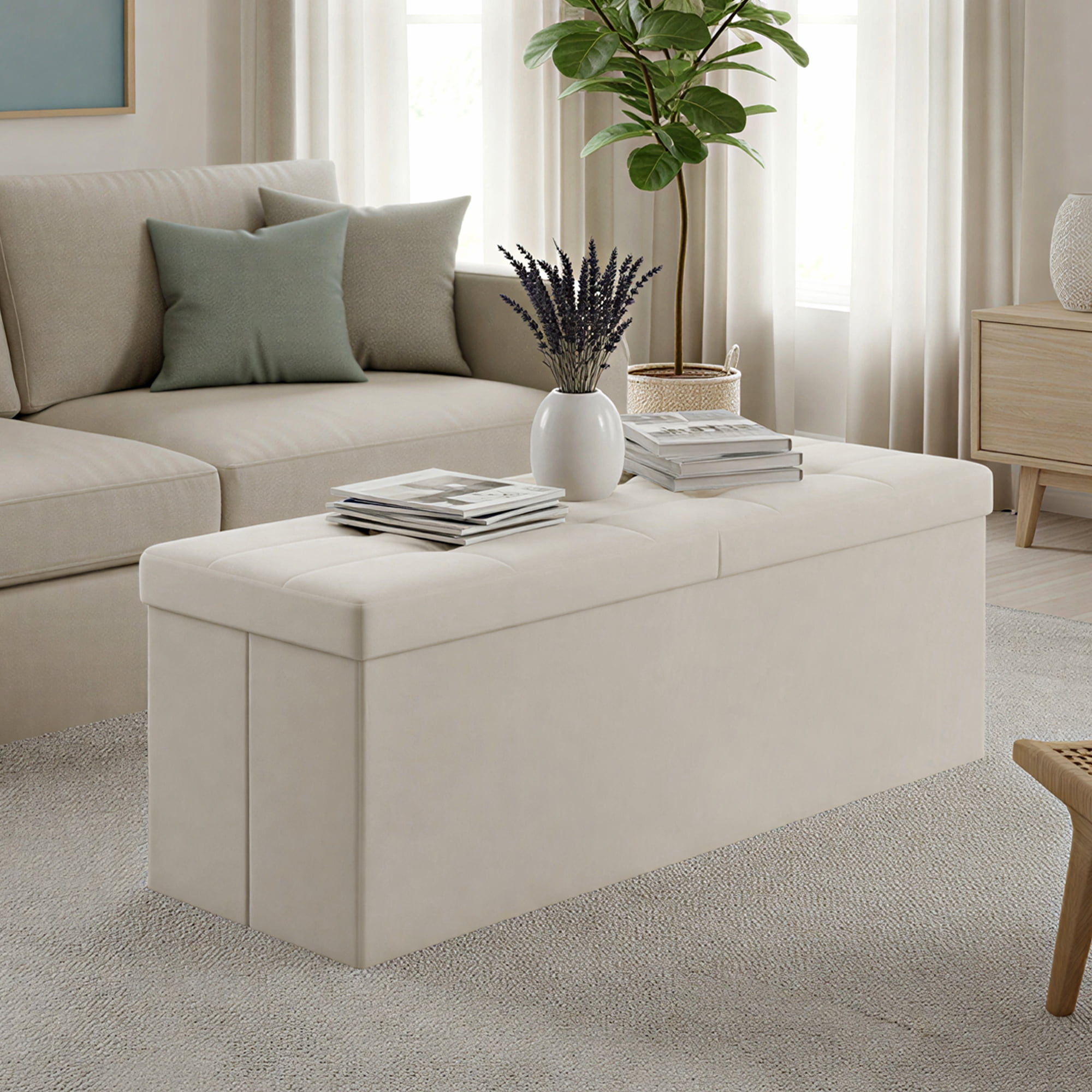 LEDREM 43-Inch Foldable Storage Ottoman Bench with Flipping Lid, Velvet Fabric, 35-Gallon Storage, 660 lb Capacity, Cappuccino Beige