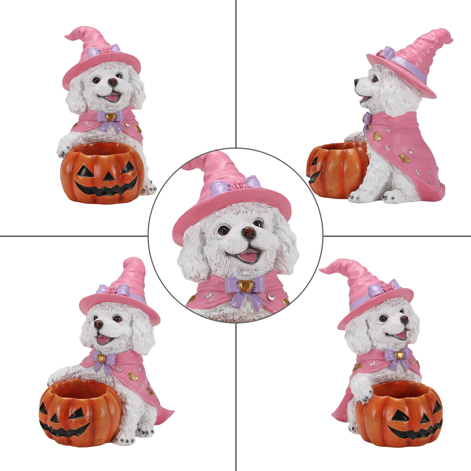 Puppy Halloween Candy Bowl with Pink Witch Hat Pumpkin Holder Resin Tabletop Decor