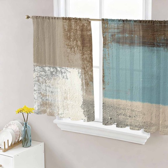 Sheer Curtains 45 Inch Length 2 Panels Set for Kitchen, Abstract Blue Semi Sheer Curtains for Windows, Brown Vintage Oil Painting Mottled Texture Voile Window Treatments Rod Pocket Curtain
