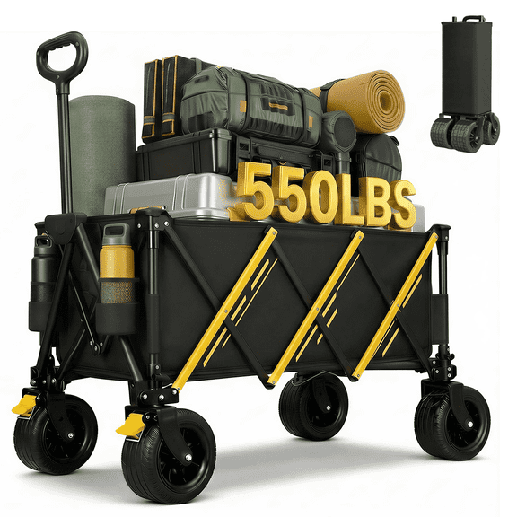 550LBS Collapsible Wagon Cart, Large Heavy Duty Capacity Utility Wagon with All-Terrain Wheels for Outdoor Camping, Shopping, Sports, Grocery, Pets, Outing, Black