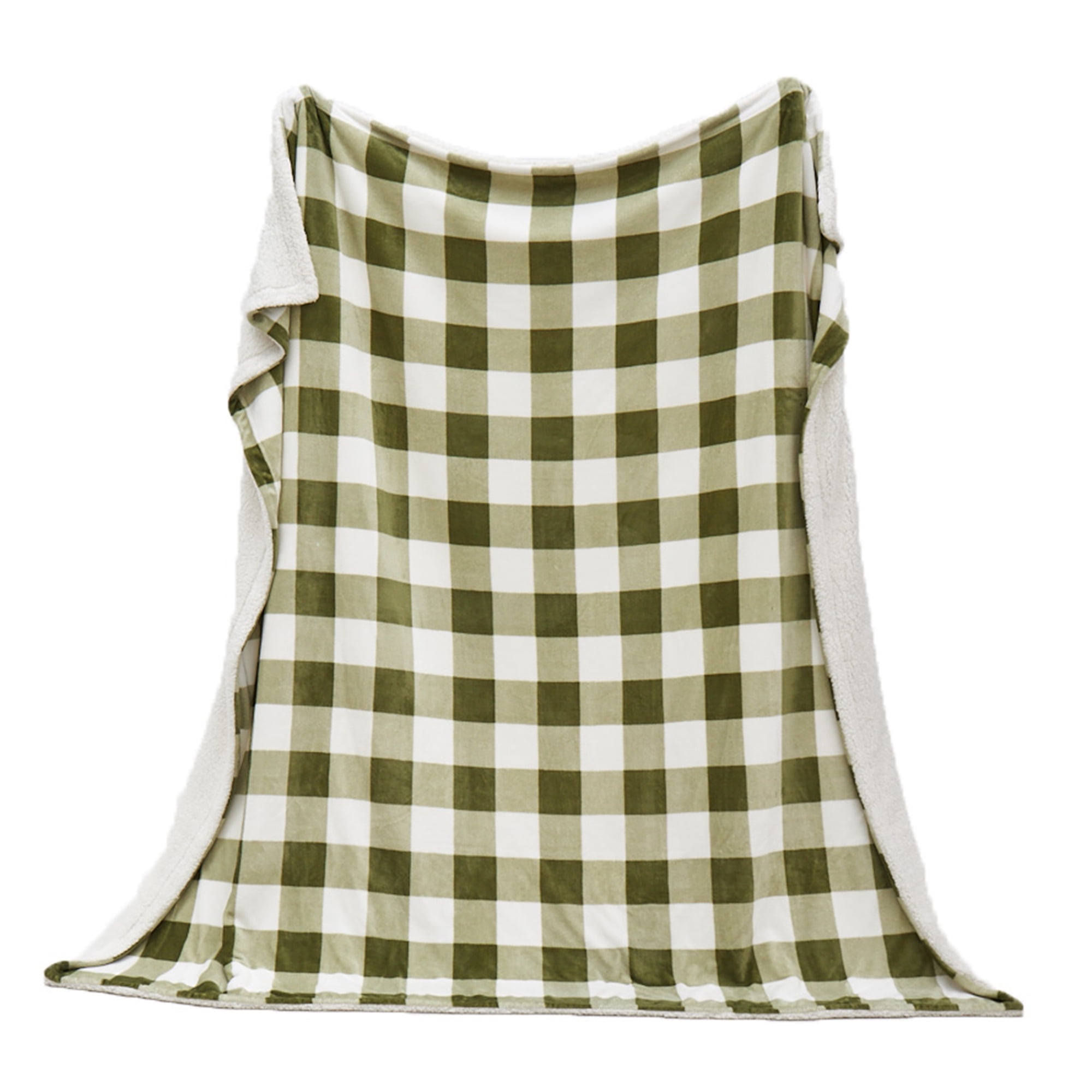Great Bay Home Cozy Plush / Sherpa Reversible Throw Blanket, King, Olive Green Buffalo Check