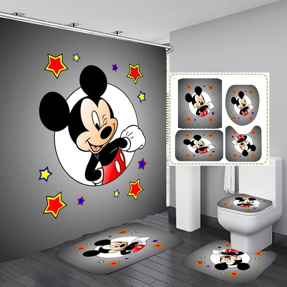 Mickey Shower Curtain Bathroom 4 Pieces Set Toilet Lid Cover and Bath Mat, Non-Slip Rugs Durable and Waterproof, for Bathroom Decor Set, 72" x 72"