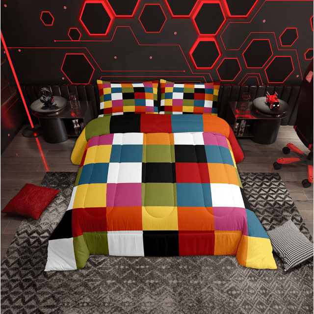 Erosebridal Checkered Gingham Bedding Comforter Set, Retro Fashion Comforter Sets , Rectangle Geometry Reversible Down Comforter, Super Cozy Room Decoration, 2pcs