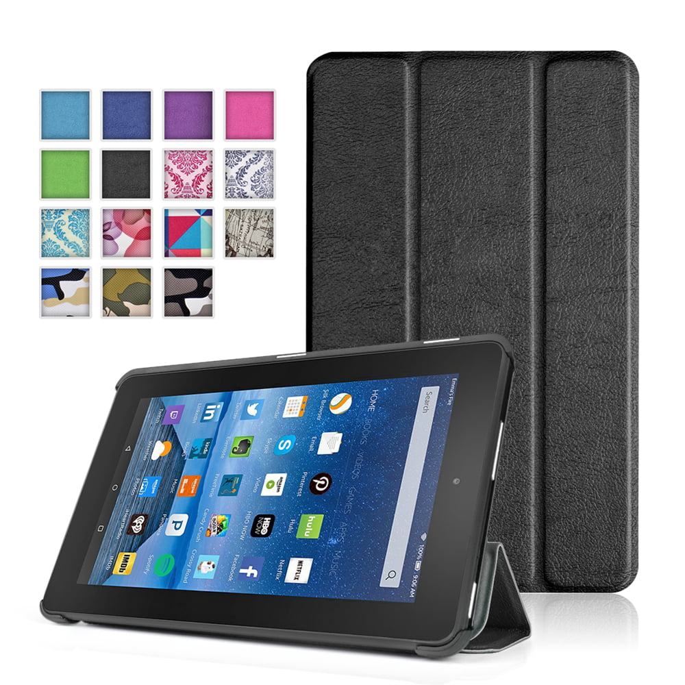New Fire 7 Case Black Ultra Slim Lightweight Folding Folio Cover Stand With Hard Rubberized
