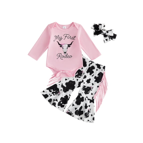 Cjfdfy Newborn Baby Girl Western Rodeo Outfit My First Rodeo Outfit Girl Romper Letter Bull Head Long Sleeve Romper Tassel Flare Pants And Bow Headband 3 Piece Fall Set